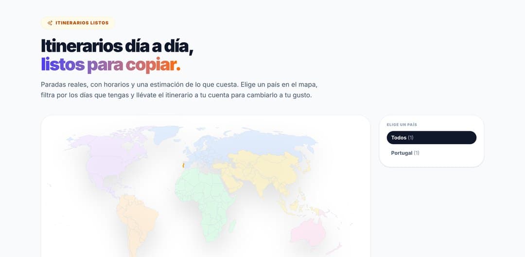 Catálogo de itinerarios públicos, con un mapa del mundo para elegir país.