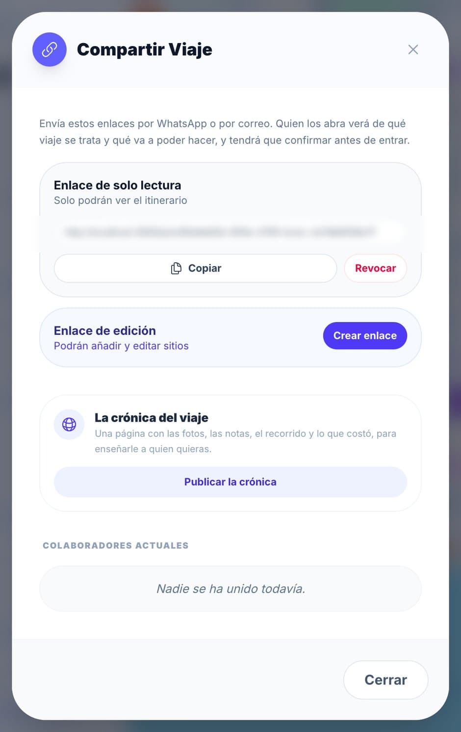 Ventana de compartir: enlace de solo lectura, enlace de edición y la crónica del viaje.