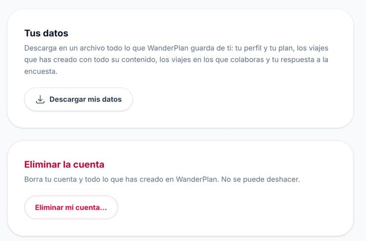 Ajustes del perfil: descargar mis datos y eliminar la cuenta.