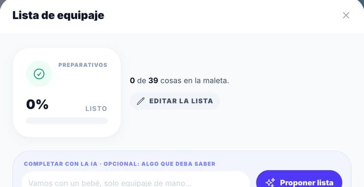 Lista de equipaje con la maleta al 0 % y el botón de proponer lista.