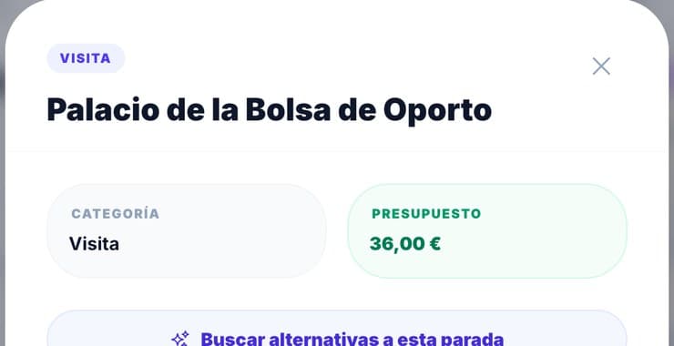 Ficha de una parada con su categoría, presupuesto, fotos, dirección y notas.