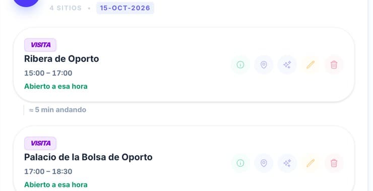Las paradas del día con la marca verde «Abierto a esa hora» bajo cada hora.