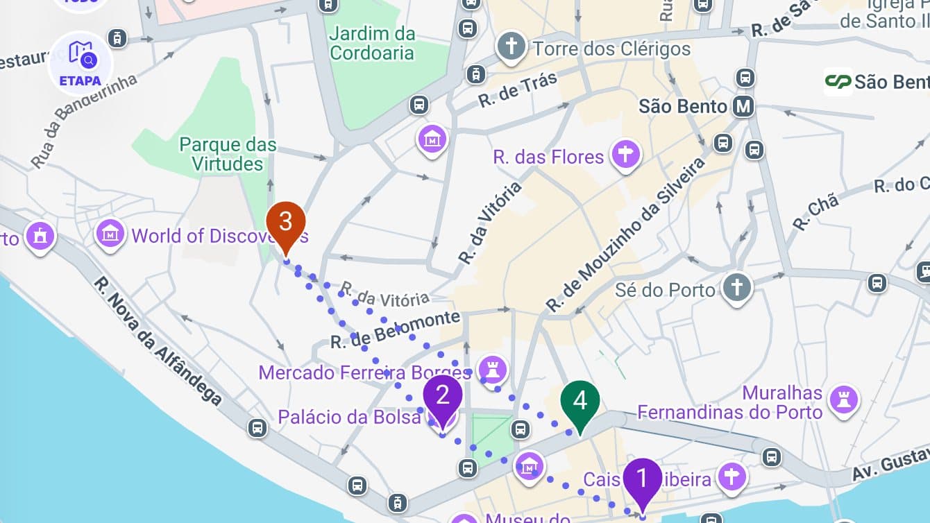 El mapa de Oporto con las cuatro paradas del día numeradas y unidas por la ruta.