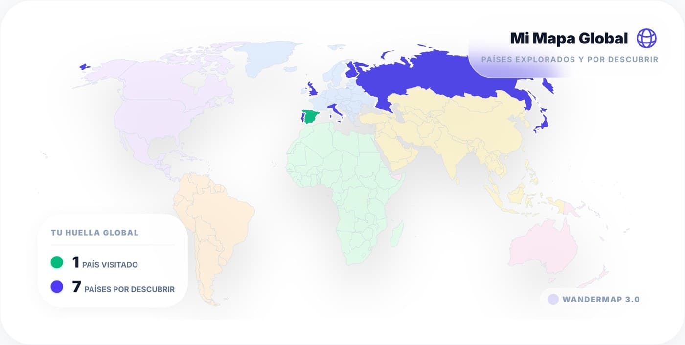 Panel con el mapa del mundo: países visitados en verde y por descubrir en índigo.