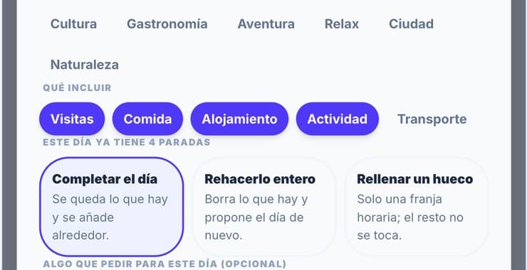 Panel para completar un día: completar, rehacer entero o rellenar un hueco.