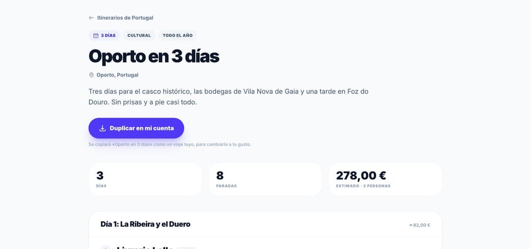 Itinerario público «Oporto en 3 días» con el botón de duplicar en mi cuenta.