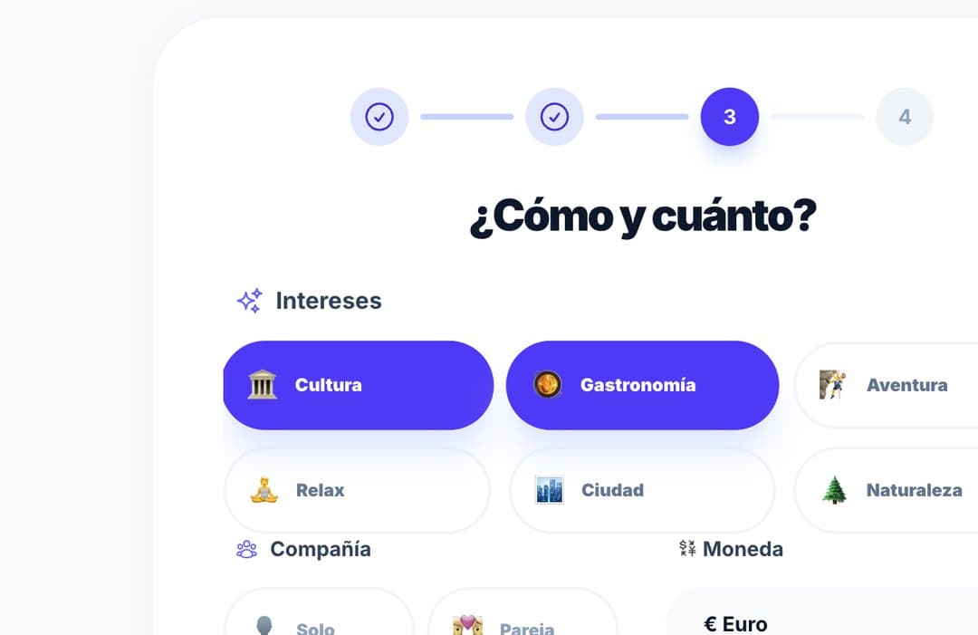 Paso 3 del asistente: intereses como Cultura o Gastronomía, con quién viajas, cuántos sois, moneda y ritmo.
